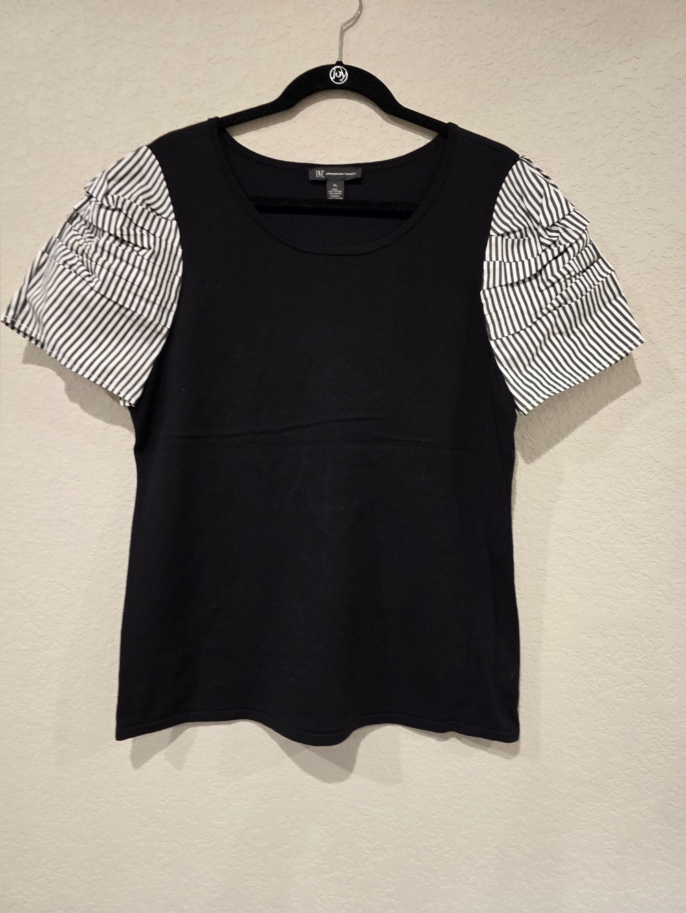 INC Black Sweater Tee with Striped Puff Sleeves - Women's Top